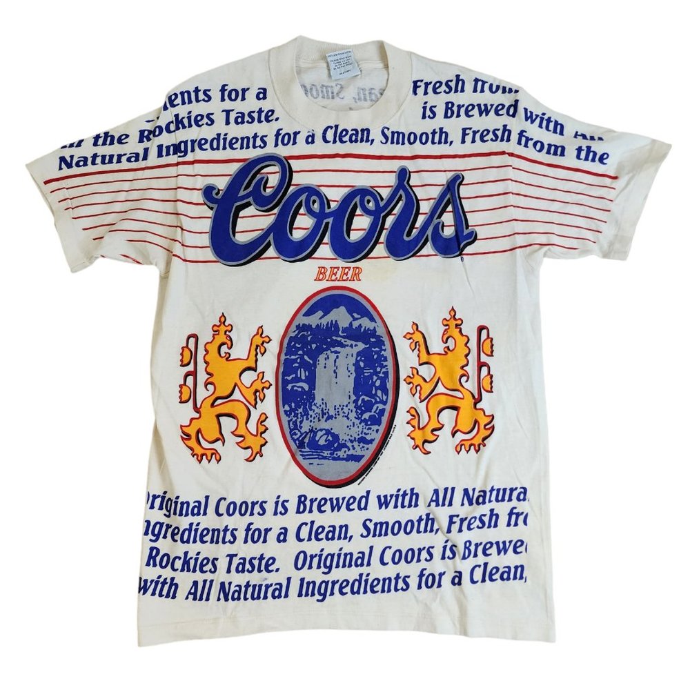 VINTAGE DS COORS T-SHIRT L FRONT AND BACK AOP - BEER LOGO SCRIPT - 1992 90'S